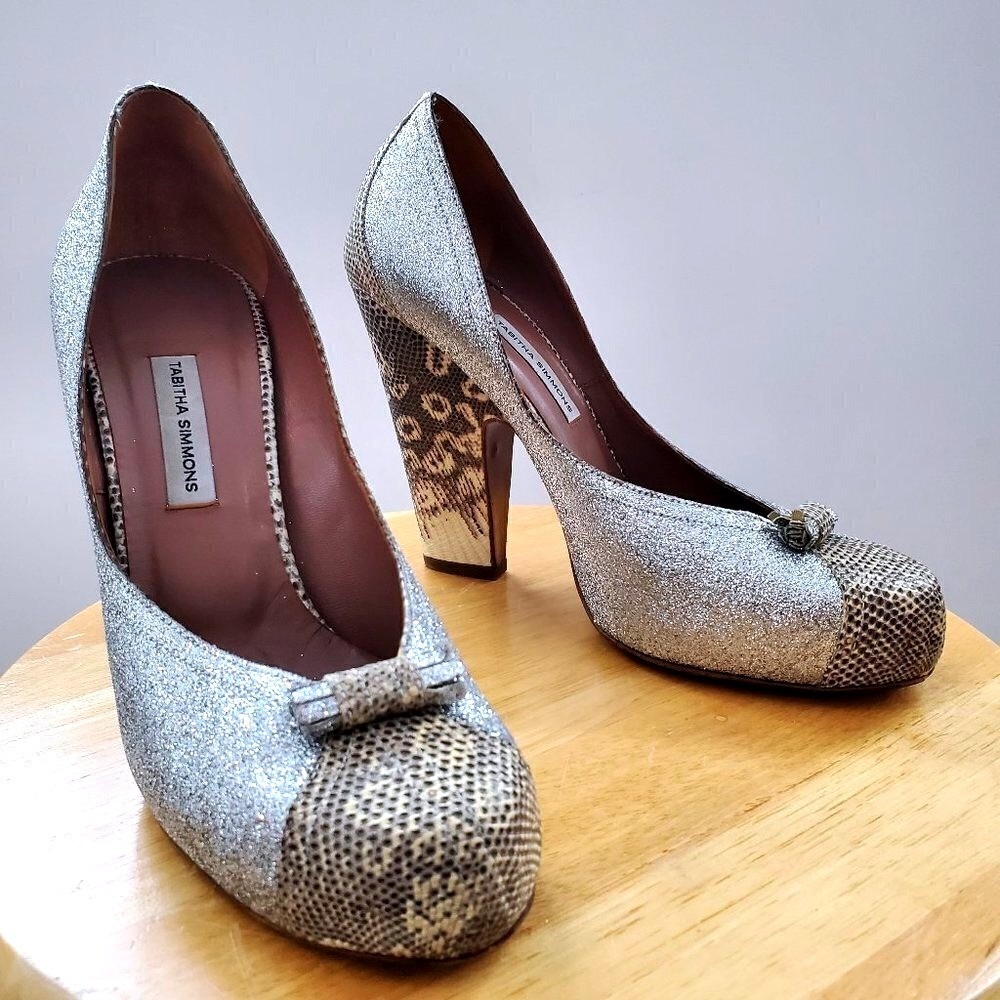 Tabitha Simmons Pumps 7.5 / 37.5 Silver Glitter Snakeskin 4.5" Block Heel Formal